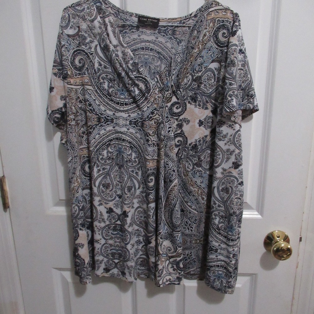 Lane Bryant Blouse 22/24 Blue Paisley V-Neck Short Sleeve Top Career Boho